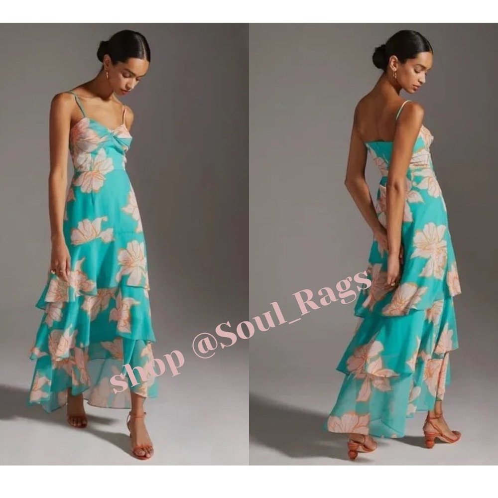 Anthropologie Teal and Pink Floral Maxi Dress